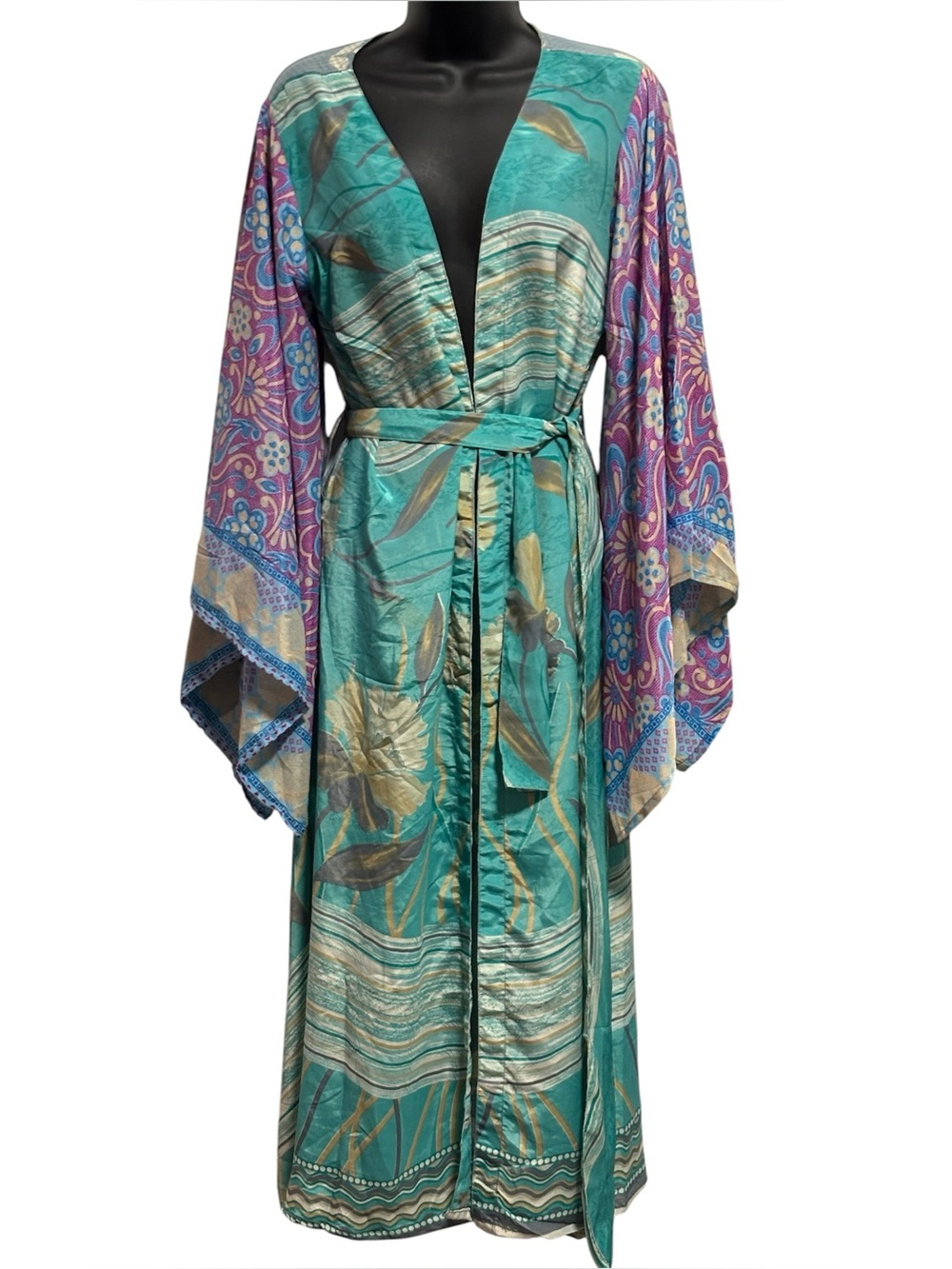 Guru Silk Teal & Purple Floral Satin Robe with Belt